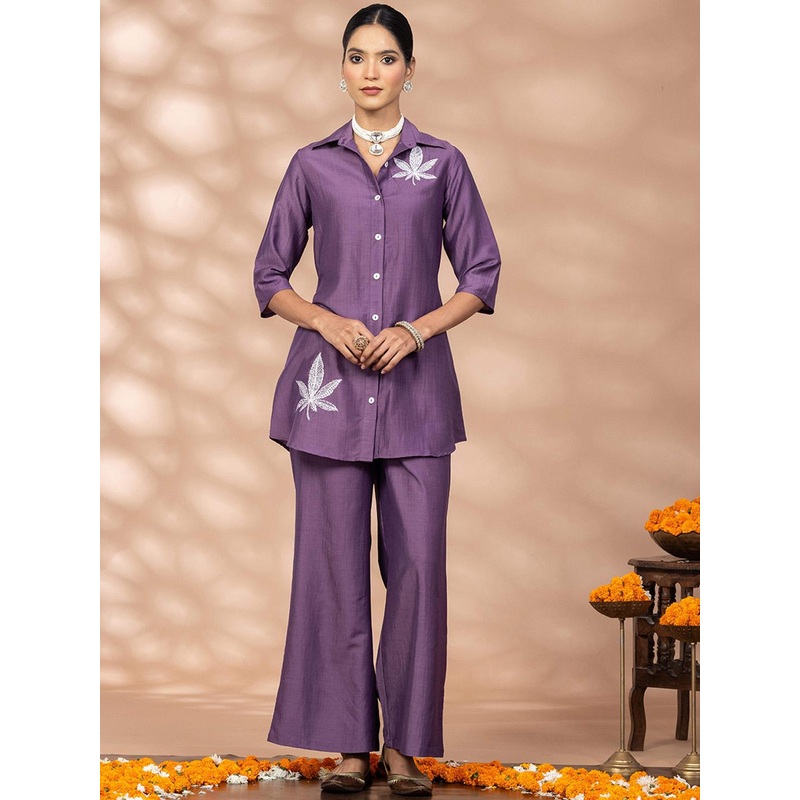 WineRed Embroidered Shirt Collar Shirt With Palazzo
