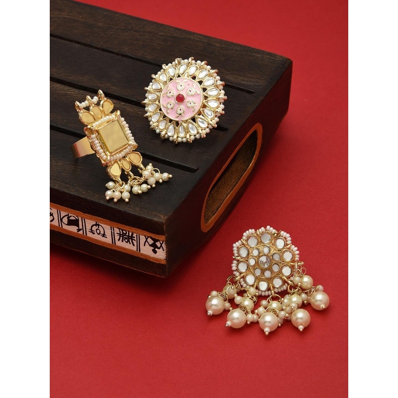 Zaveri Pearls Set of 3 Gold-Plated White Stone Studded & Beaded Finger Ring