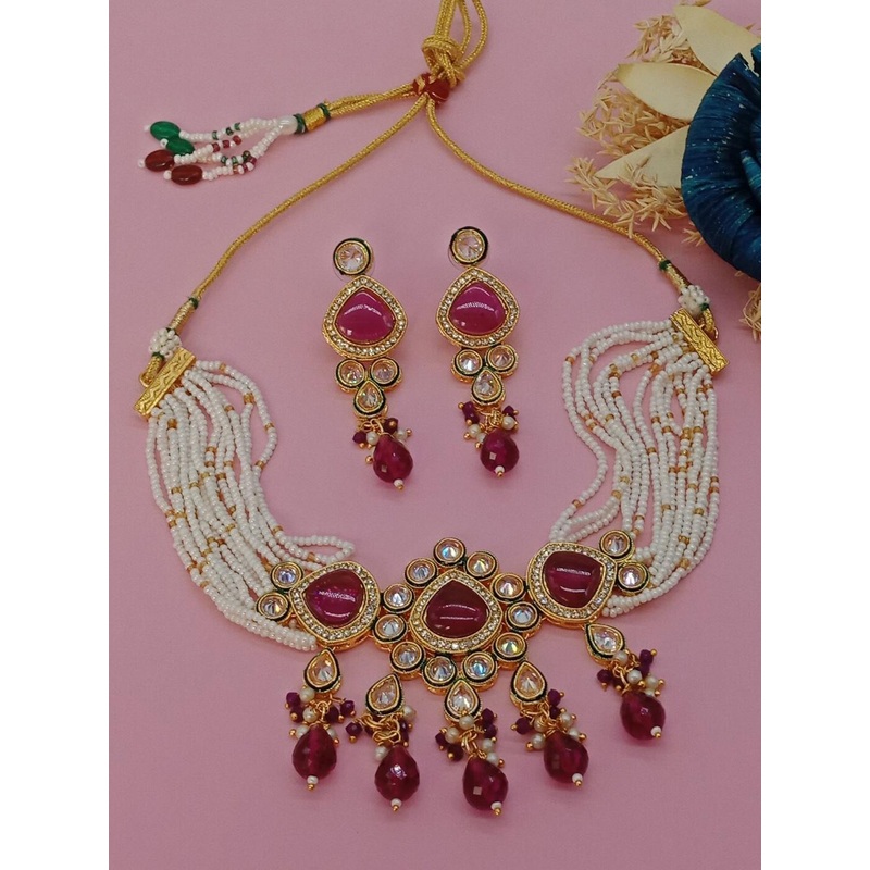 AASHISH IMITATION Gold-Plated American Diamond-Studded & Beaded Jewellery Set