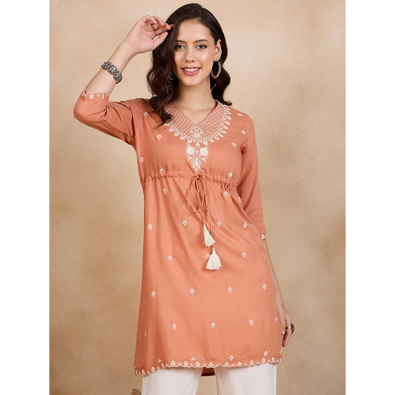 Anouk Peach Ethnic Motifs Embroidered Thread Work A-Line Short Kurti