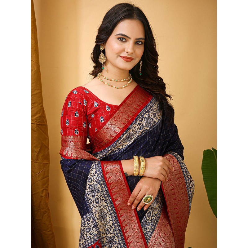 Anouk Rustic Checked Zari Silk Cotton Taant Saree