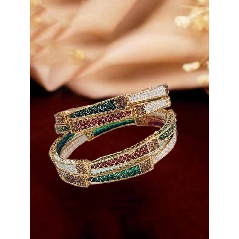 Anouk Set Of 4 Textured Copper-Plated Enamelled Stone-Studded Bangles