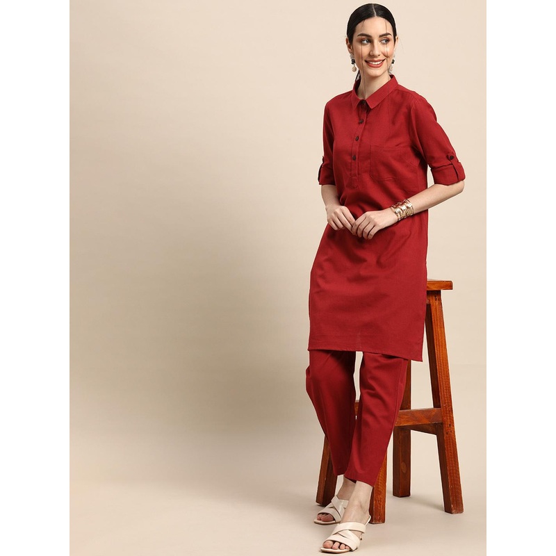 Anouk Women Maroon Solid Straight Kurta with Trousers