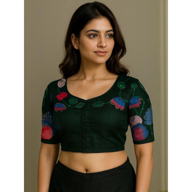 Blouseji Women Lotus & Cow Printed U-Neck Embellished Saree Blouse