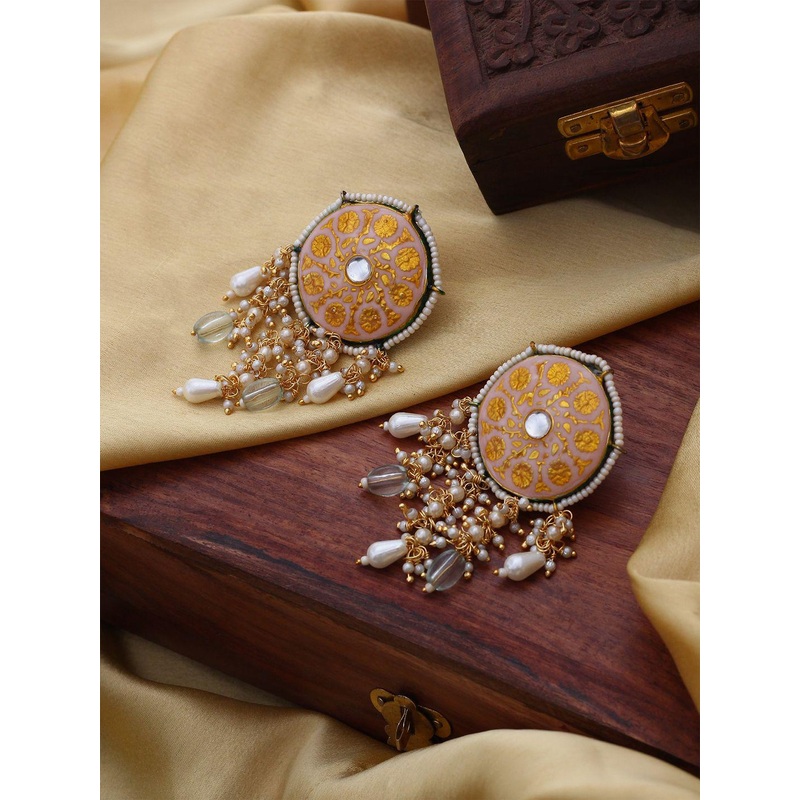 DUGRISTYLE Gold-Plated Kundan Studded Circular Shaped Drop Earrings