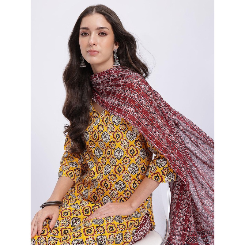 HERE&NOW Women Ethnic Motifs Printed Pure Cotton Kurta with Trousers & Dupatta