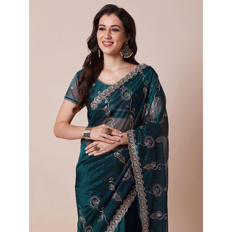 House Of Pataudi Embroidered Net Saree With Unstitched Blouse Piece