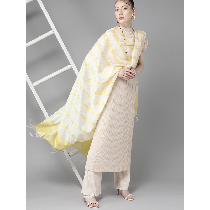 Indo Era Classic Off White and Yellow Striped Dupatta
