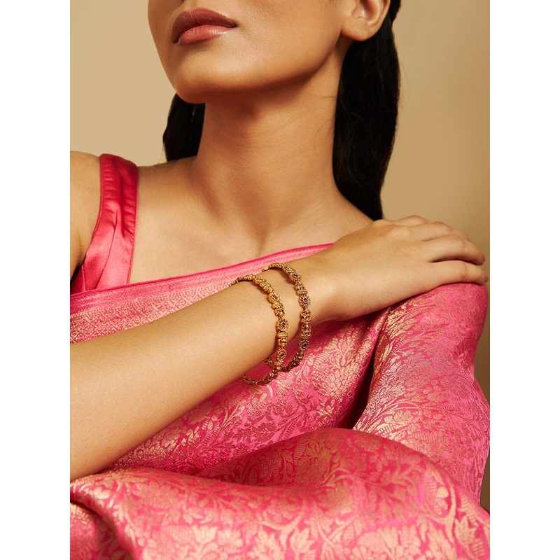 Kushal’s Fashion Jewellery Set Of 2 Gold-Plated Stone Studded Bangles