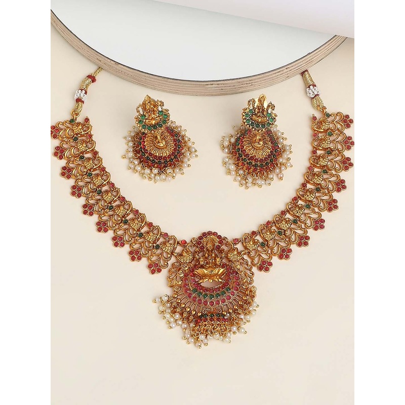 OOMPH Antique Stone Studded & Pearl Beaded Laxmi Designed Temple Jewellery Set