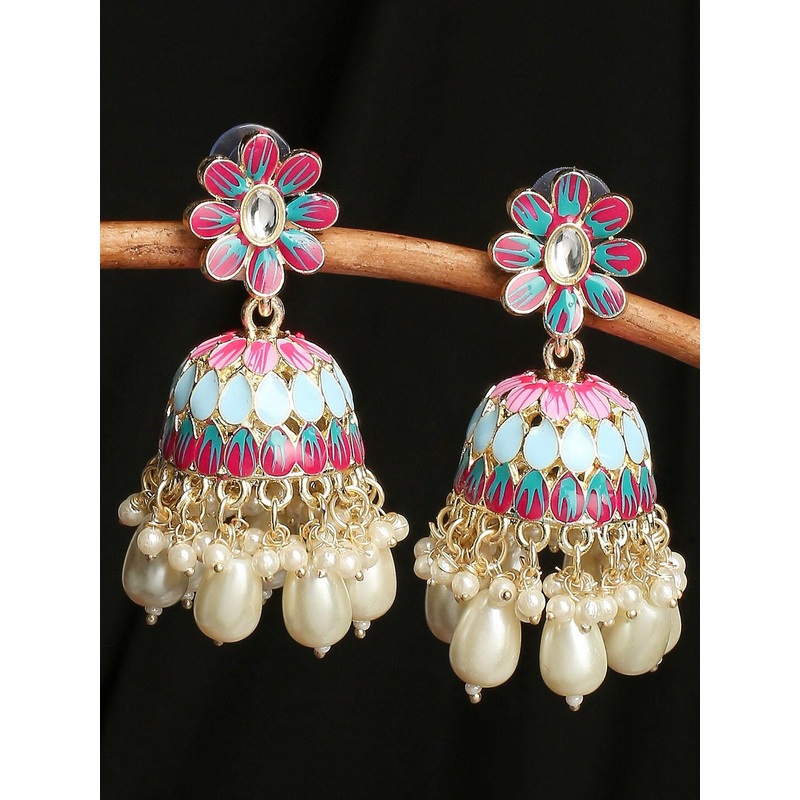 OOMPH Gold-Toned & Blue Floral Jhumkas Earrings