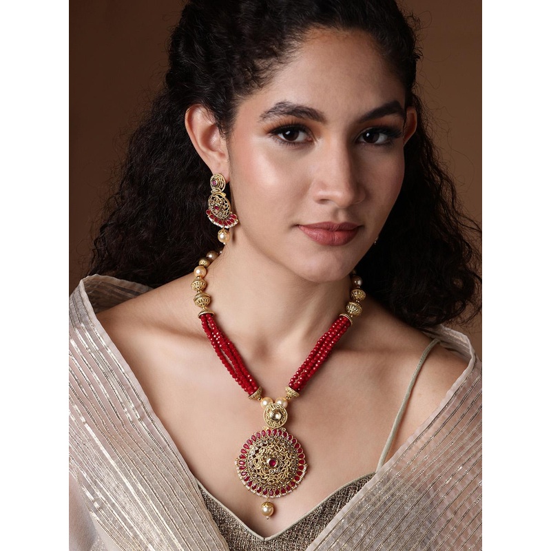 PANASH Gold-Plated & Red Kundan Studded Beaded Handcrafted Jewellery Set