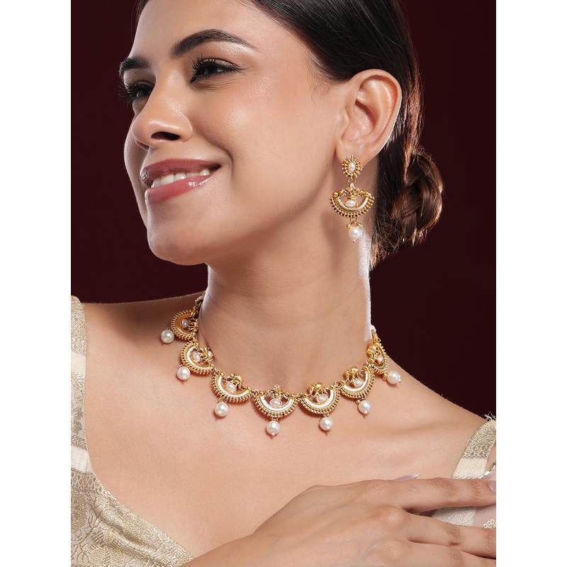 Rubans 18K Gold-Plated White Pearl Drops and Kundan Studded Brass Necklace Set