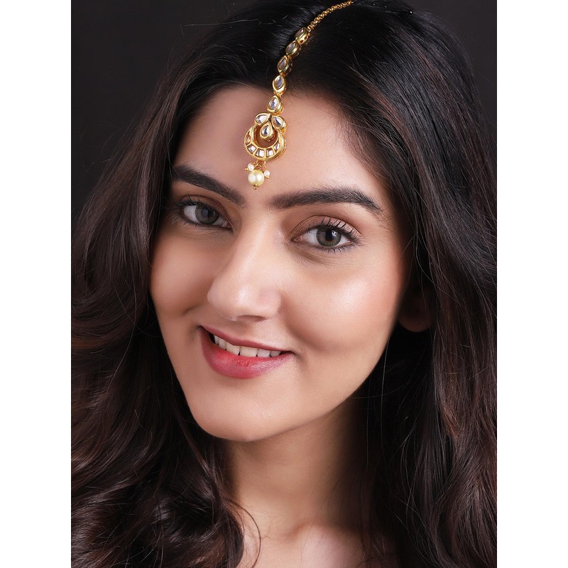 Rubans 24K Gold-Plated White Kundan & Pearls Studded Handcrafted Maangtikka