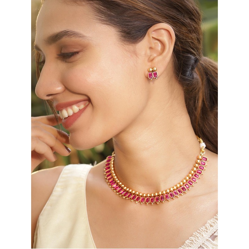 Rubans Handcrafted 22KT Gold Plated Stylish Pink Stone & Gold Beaded Choker Necklace Set