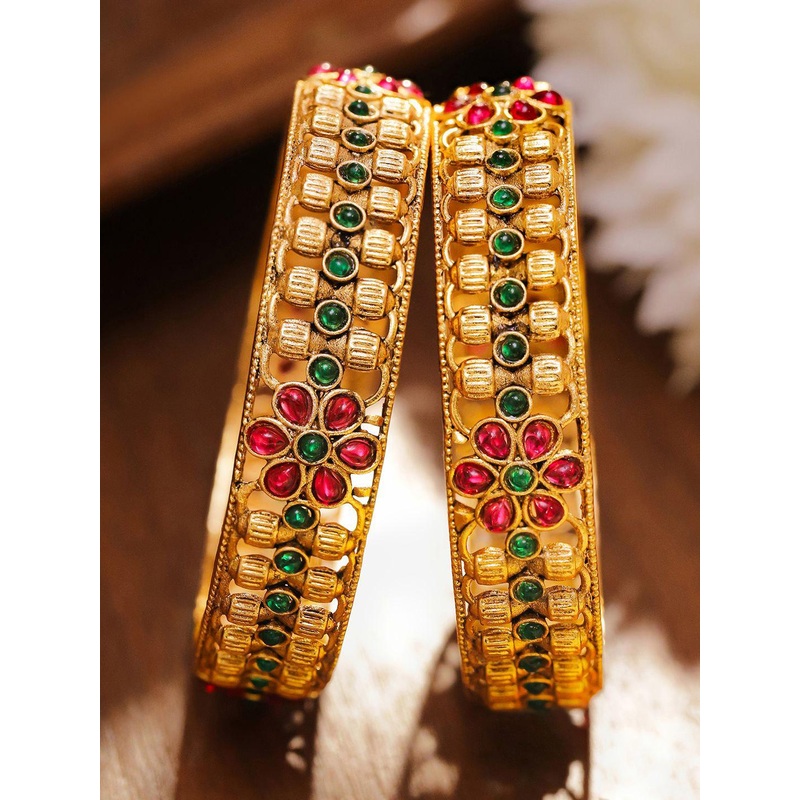 Rubans Set of 2 18K Gold-Plated Ruby Pink & Emerald Green Stone Studded Floral Bangles