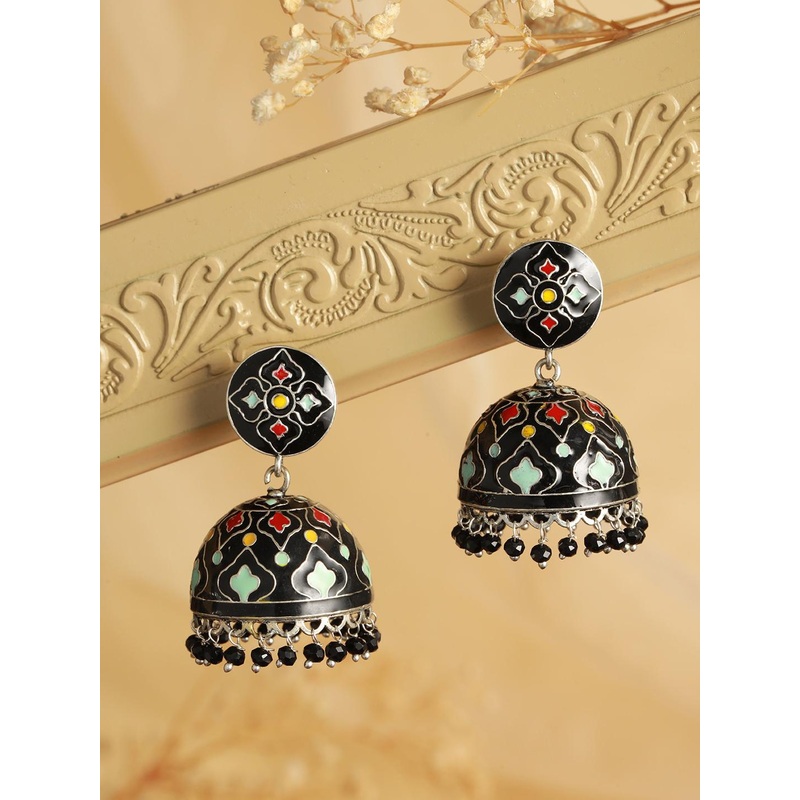 Saraf RS Jewellery Rhodium-Plated Oxidised Dome Shaped Jhumka Earrings