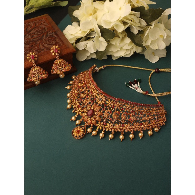 Shining Diva Gold-Plated Stone-Studded & Peral-Beaded Jewellery Set