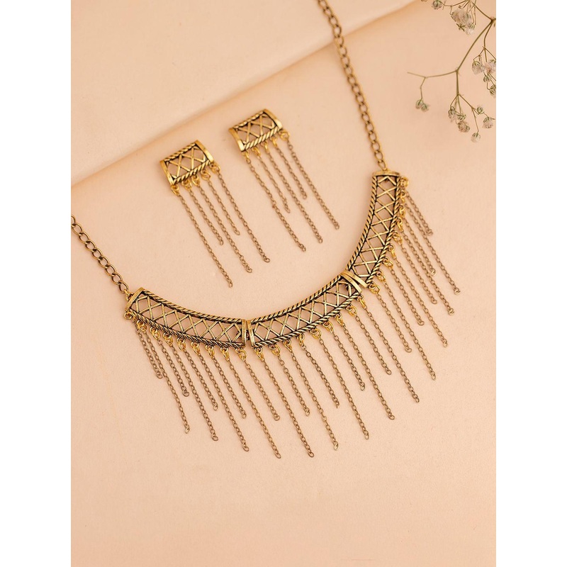 Voylla Gold-Plated Fringes Intercrossed Collar Jewellery Set