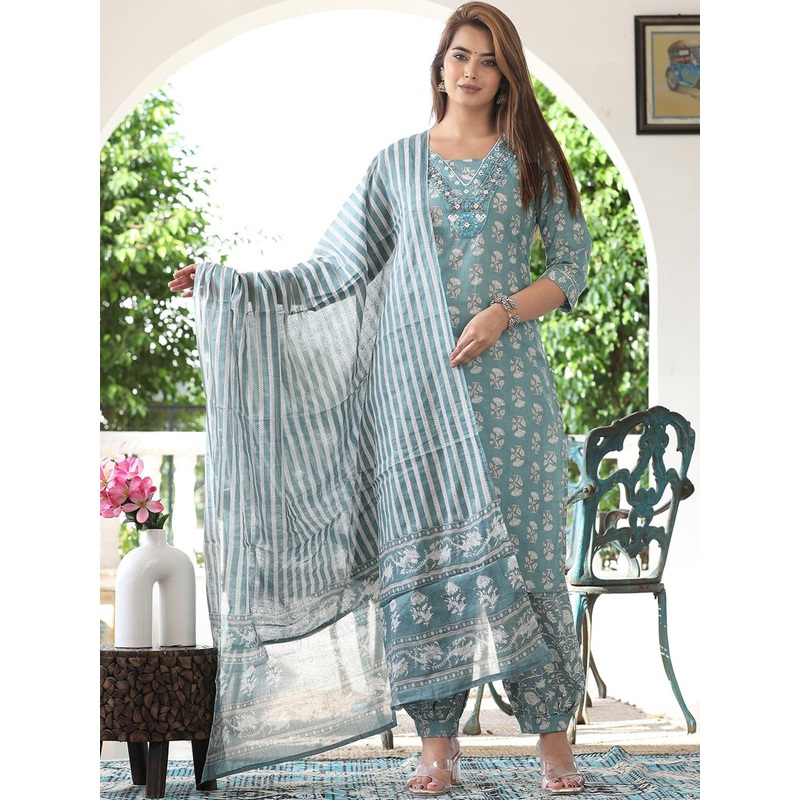 WILL BOTTOM Women Floral Printed Cotton Kurta with Salwar & Dupatta