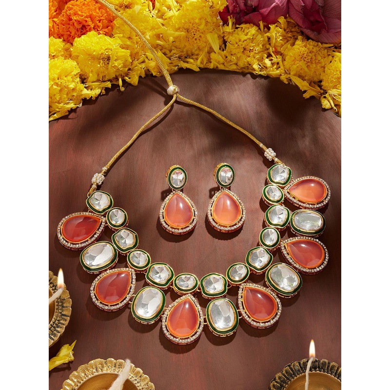 Zaveri Pearls Gold-Plated Austrian Diamonds Stone-Studded Meenakari Jewellery Set