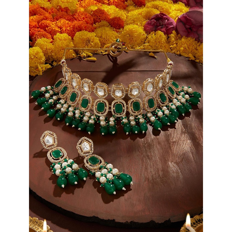 Zaveri Pearls Gold-Plated Austrian Diamonds-Studded & Beaded Jewellery Set