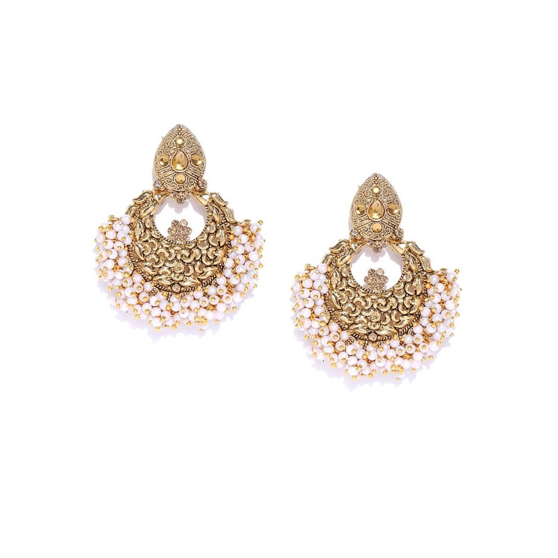 Zaveri Pearls White Gold-Plated Stone-Studded & Beaded Crescent Shaped Chandbalis