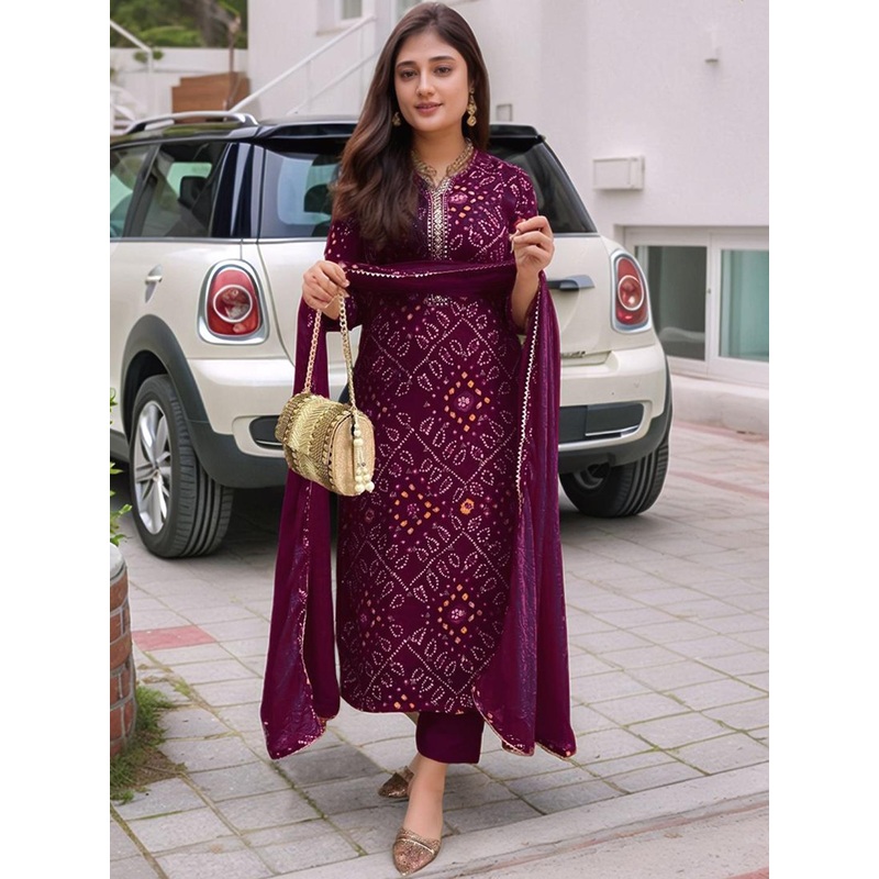 Aaghnya Women Bandhani Printed Kurta with Trousers & Dupatta