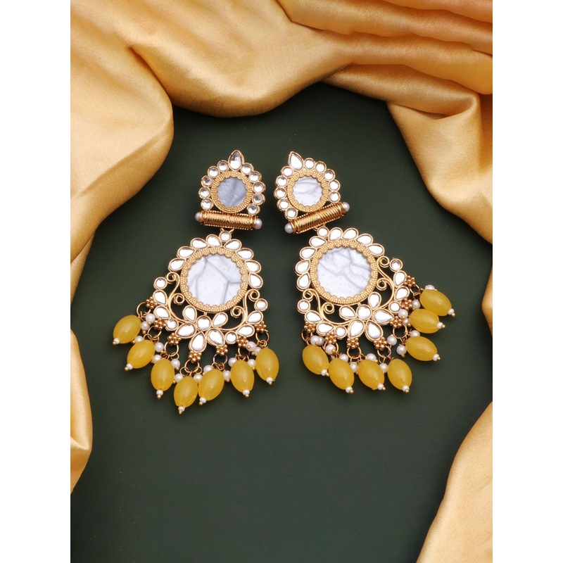 CAPILITE Jewellers Brass-Plated Kundan Studded & Pearls Enamelled Circular Drop Earrings