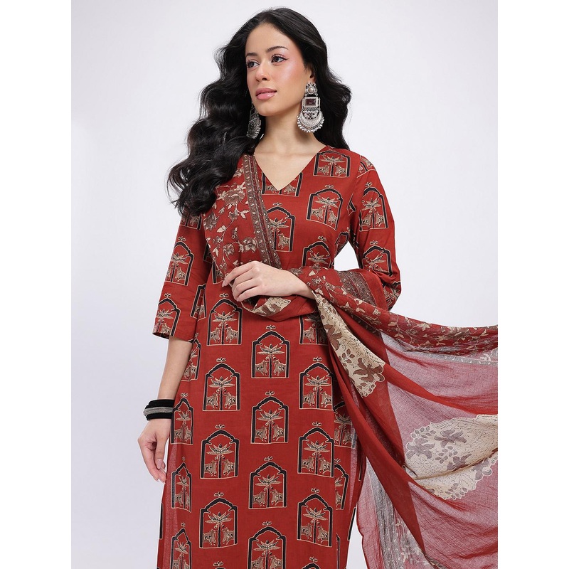 HERE&NOW Tribal Printed V-Neck Pure Cotton Kurta with Trousers & With Dupatta
