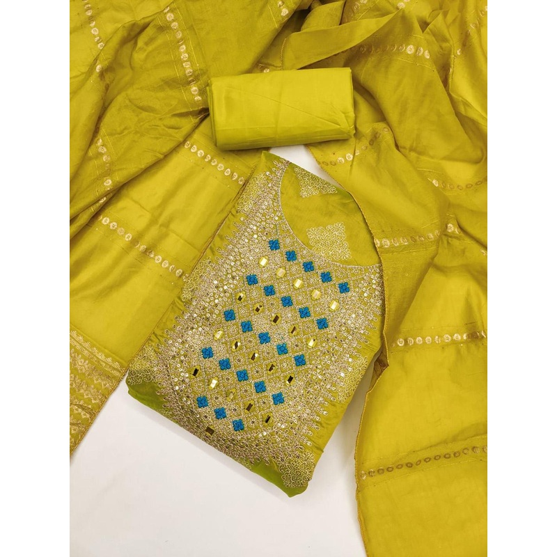 ICCHIT FAL Floral Embroidered Sequinned Chanderi Silk Unstitched Dress Material