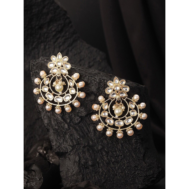 Jazz and Sizzle Gold-Plated Crescent Shaped Kundan Studded & Beaded Chandbalis