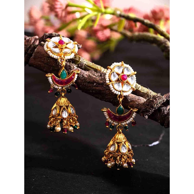 PANASH Gold-Plated Artificial Stones Studded And Beaded Contemporary Shaped Jhumkas