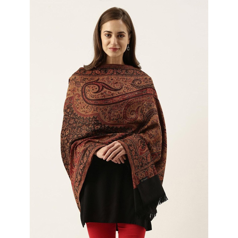Pashmoda Women Black & Maroon Woven Design Jamawar Shawl