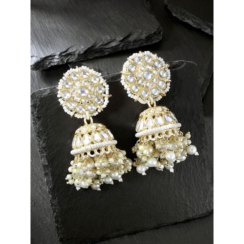 Peora Gold-Plated Pearl & Kundan Studded Contemporary Jhumkas