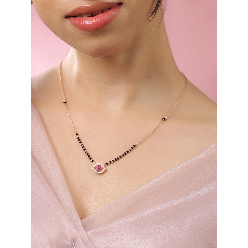 Rubans 18K Gold-Plated Ruby Pink & Cubic Zirconia Studded Black Beaded Mangalsutra Chain