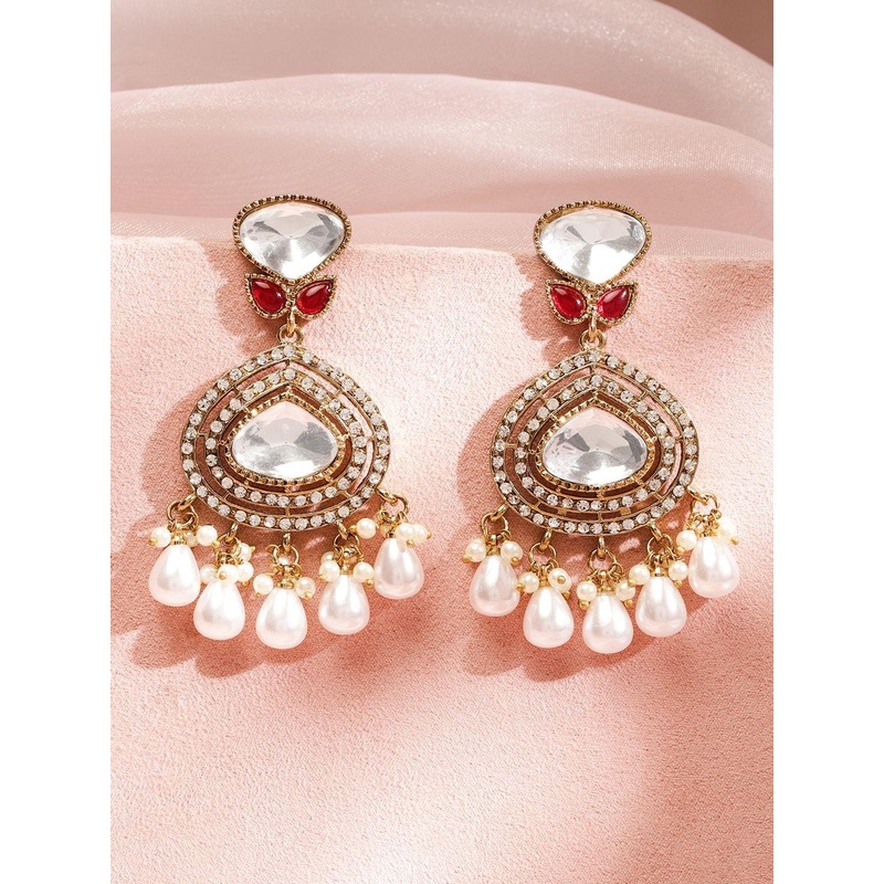 Rubans 22K Gold-Plated Cubic Zirconia & Kundan Studded Teardrop Shaped Drop Earrings