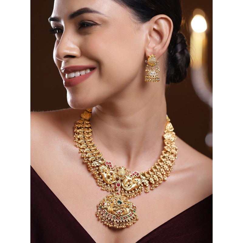 Rubans 22K Gold-Plated Emerald Green & Ruby Red Stone Studded Divine Temple Jewellery Set