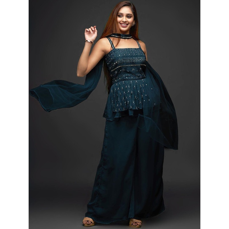 SANCIA Geometric Embroidered Mirror Work Georgette Kurti With Palazzos & Dupatta