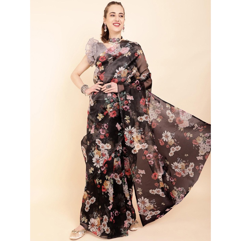 Sangria Black & Rose Gold Floral Organza Saree