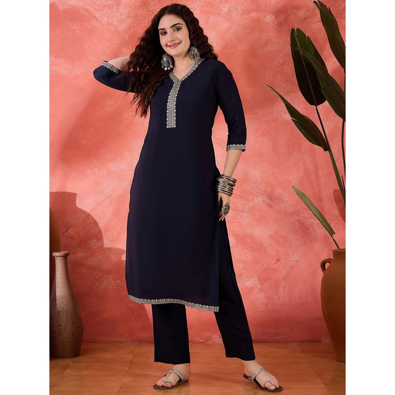 Sangria Women Yoke Design Straight Kurta & Trousers