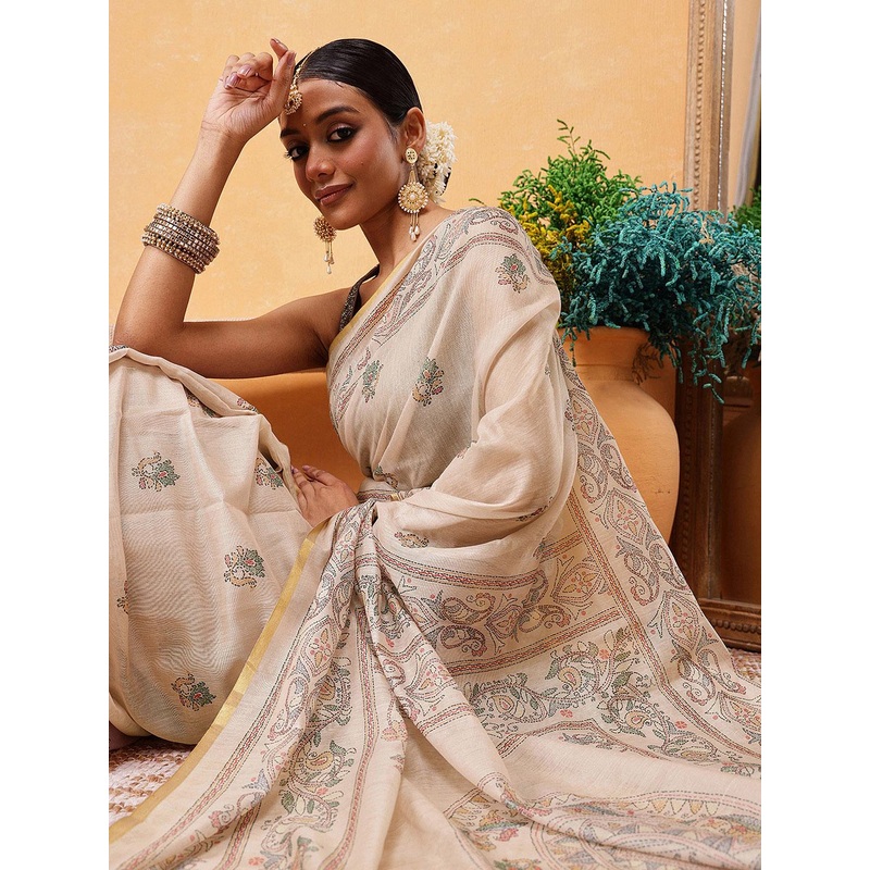 Silk Land Kalamkari Printed Ready to Wear Chanderi Saree