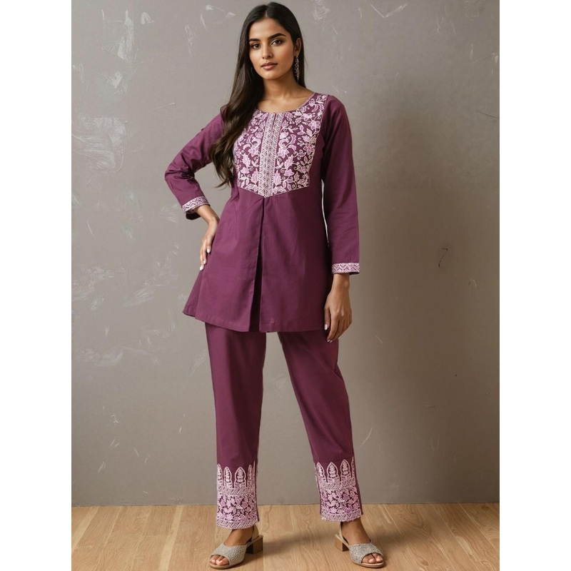 SZN Women Purple A-Line Cotton Co-Ord Set