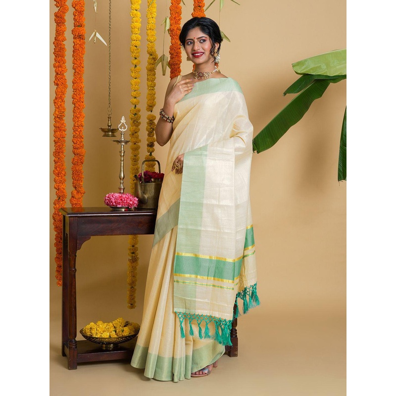 TEEJH Solid Tissue Zari Kasavu Saree