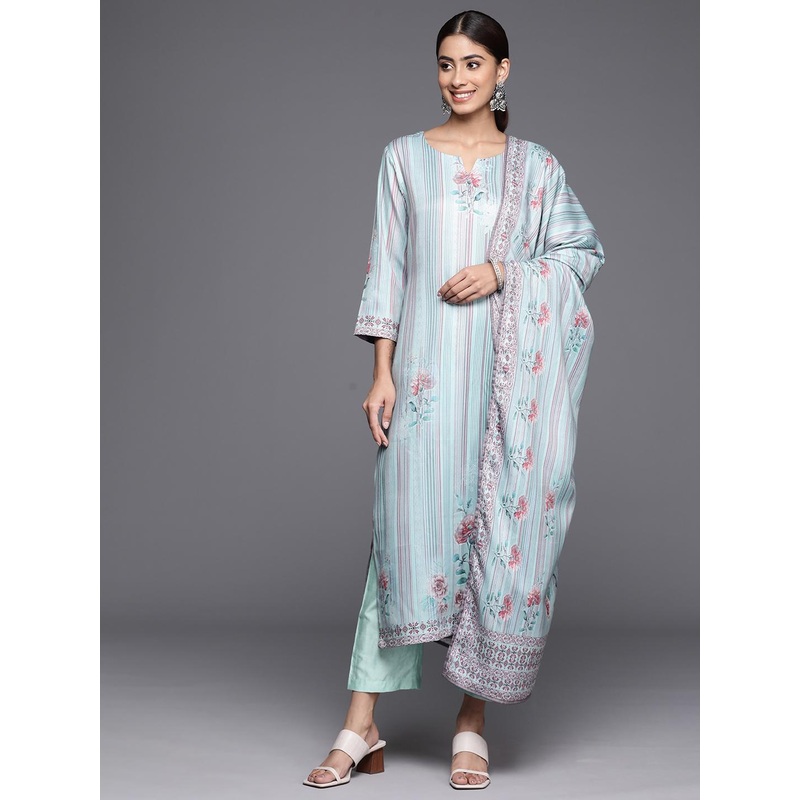 Varanga Blue Floral Printed & Striped Round Neck Straight Kurta with Trousers & Dupatta