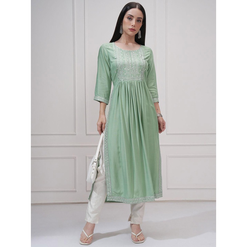 Vishudh Floral Embroidered Round Neck Sequinned Pleated A-Line Kurta