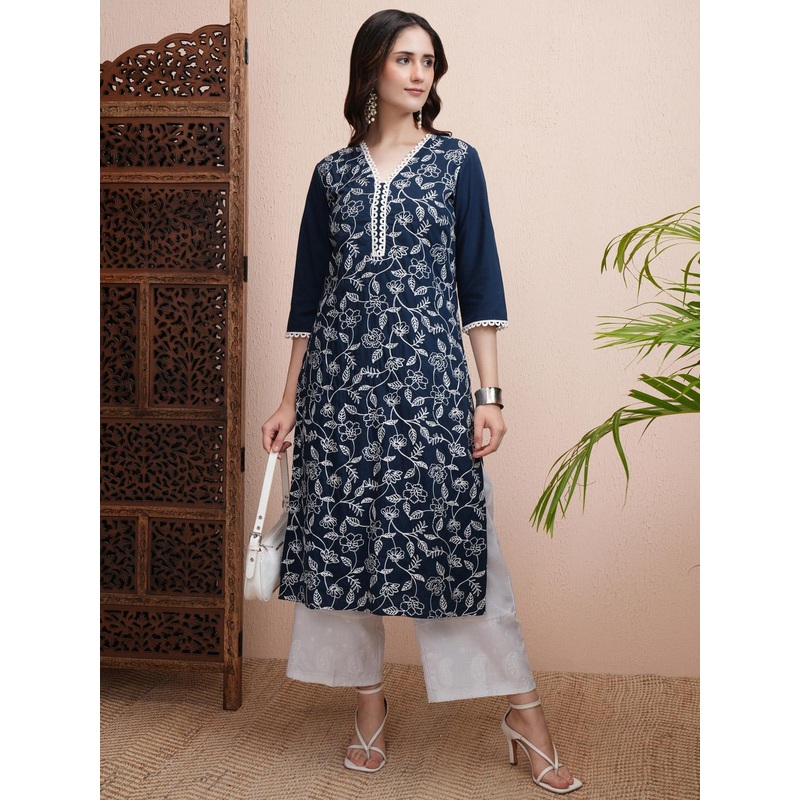 Vishudh Floral Embroidered V-Neck Thread Work Straight Kurta