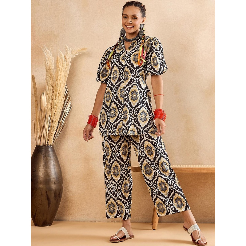 WineRed Ethnic Motifs Printed Pure Cotton Shirt & Trousers & Scrunchie