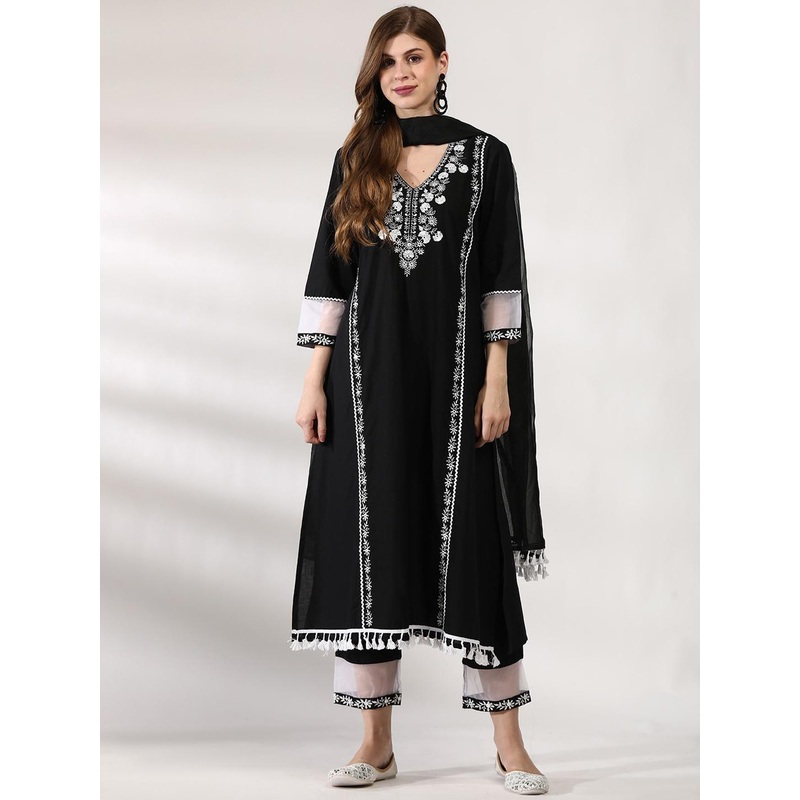 Anouk Ethnic Motifs Embroidered Regular Pure Cotton Kurta With Trousers & Dupatta