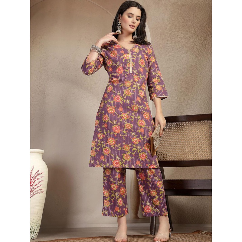 Anouk Rustic Floral Printed V-Neck Gotta Patti Pure Cotton Kurta With Trousers